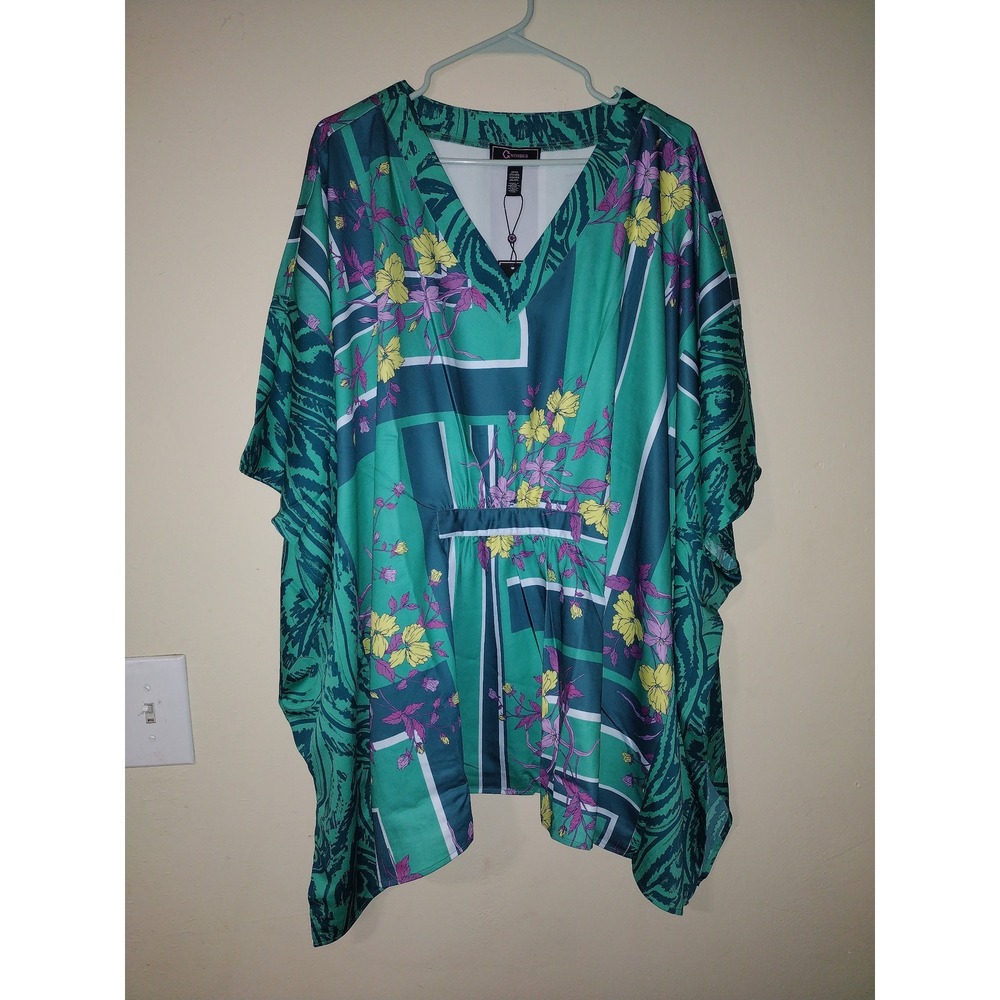 C. Wonder Christian Siriano Teal Floral Geometric Kaftan Top Plus Size 2X/3X NEW